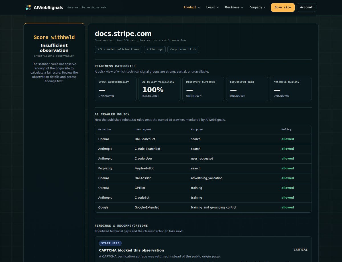 Actual AIWebSignals report screenshot for the saved docs.stripe.com observation